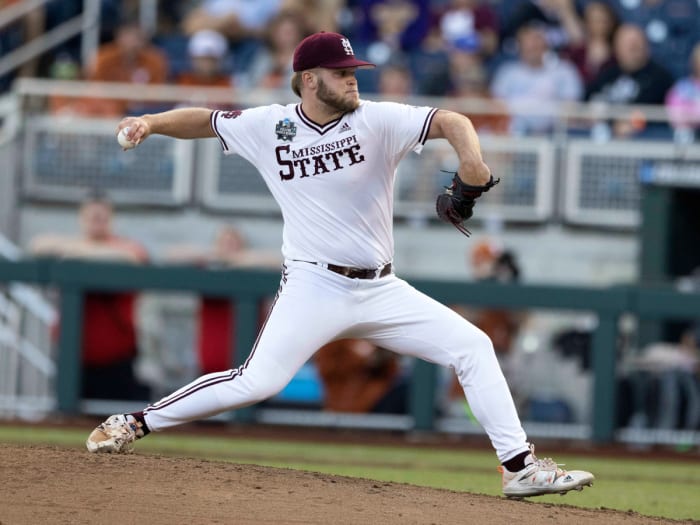 Mississippi State pitcher Landon Sims throws against Texas in the sixth inning during a baseball game in the College World Series Saturday, June 26, 2021, at TD Ameritrade Park in Omaha, Neb. The college baseball season opens Friday, Feb. 18, 2022.